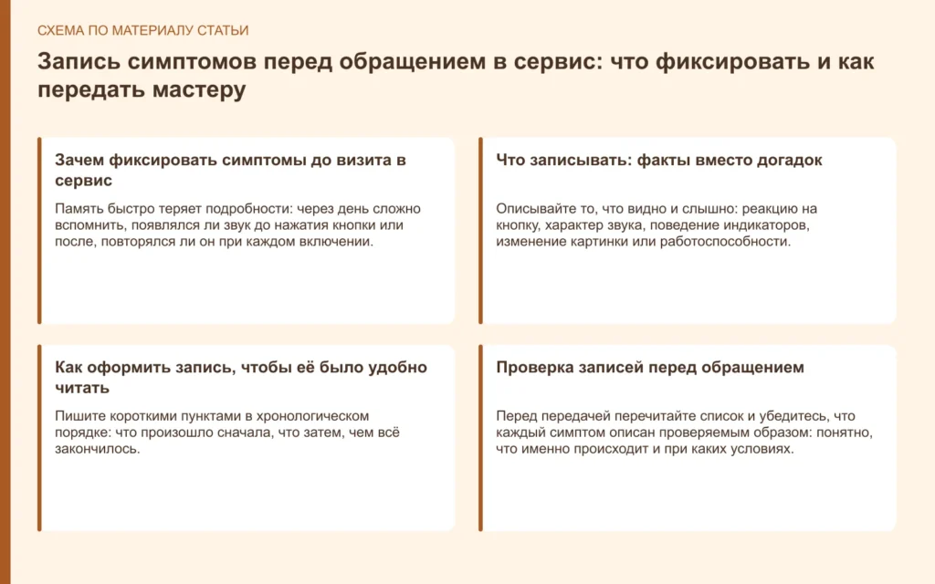 Схема: Запись симптомов перед обращением в сервис: что фиксировать и как передать мастеру