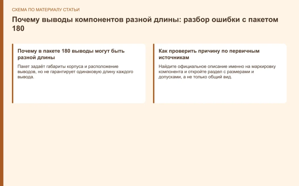 Схема: Почему выводы компонентов разной длины: разбор ошибки с пакетом 180